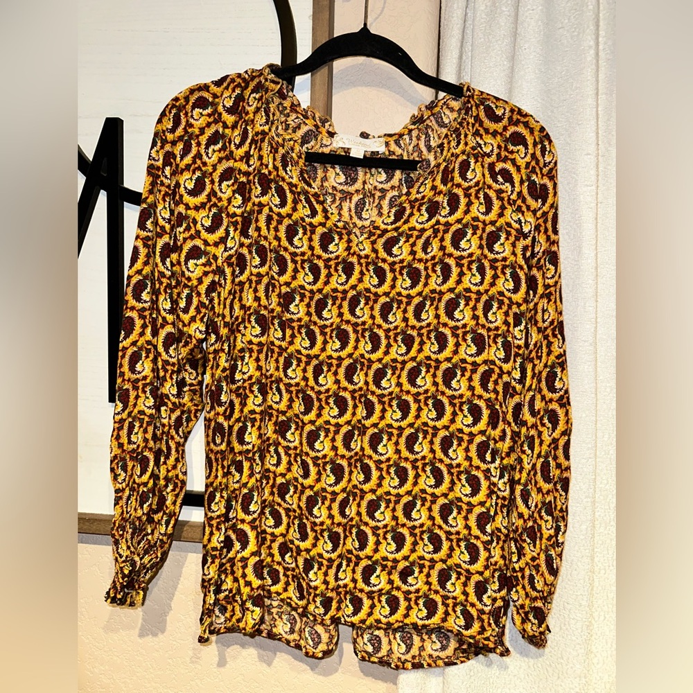 Weekend Suzanne Betro Yellow and Brown Patterned Blouse top M